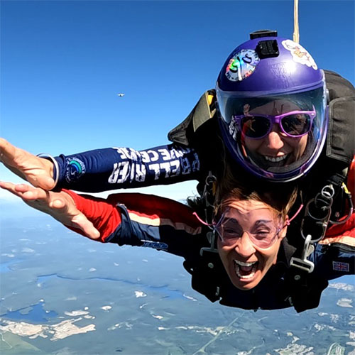 Two women smiling during a tandem skydive 